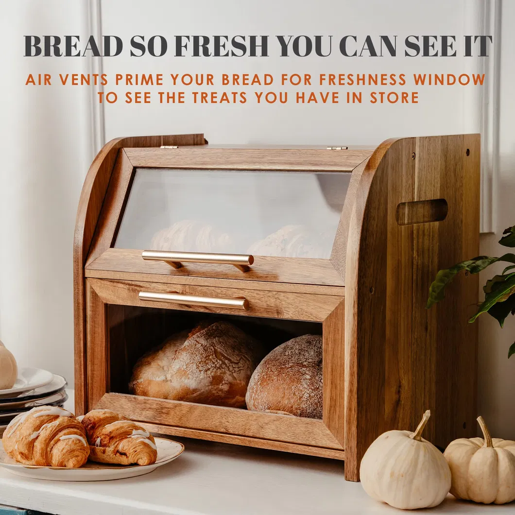 Large Double Acacia Wooden Bread Box Container Storage for Kitchen
