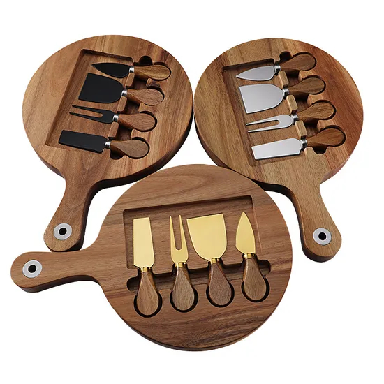 Mass Production Compact Round Acacia Wood Cheese Board with Handles and Knives