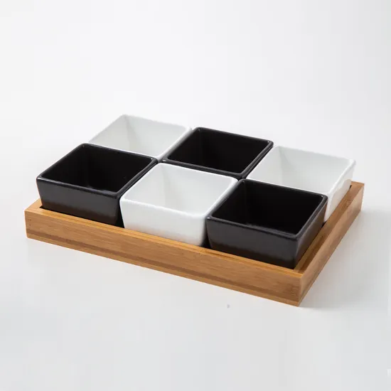 Hot Selling Ceramic Tableware Snack Appetizer Set Serving Plate with Wooden Bamboo Tray