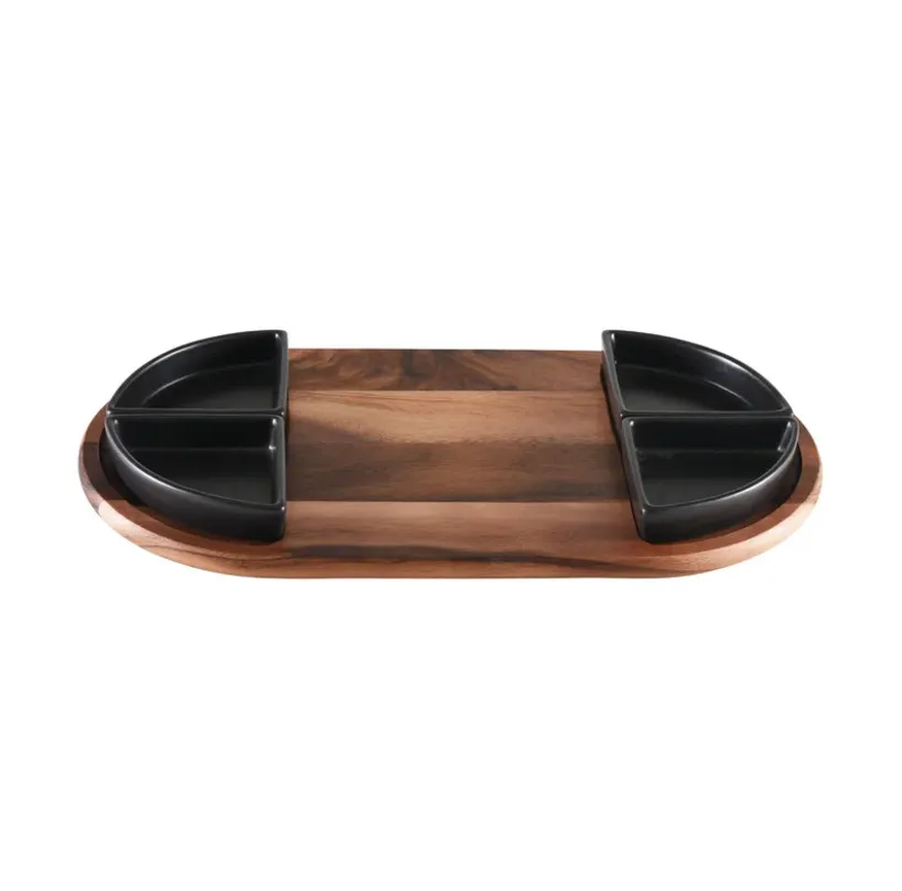 Large Acacia Wood Charcuterie Serving Board Wooden Tray with 2 Ceramic Bowls