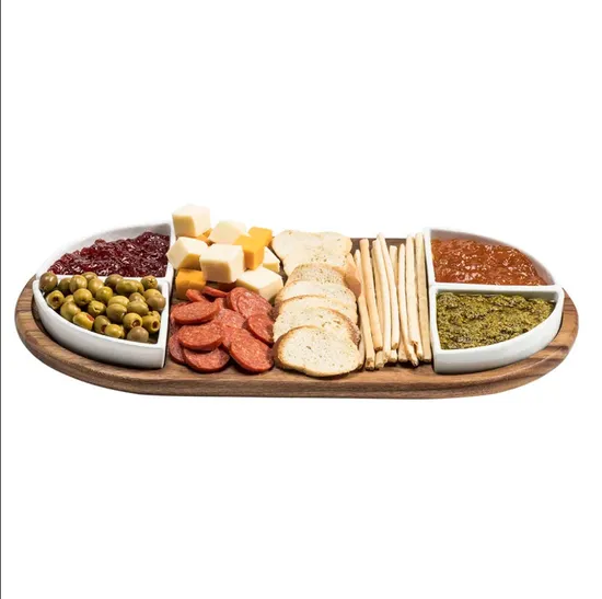 Acacia Cheese Board Serving Tray with 4 Ceramic Bowls