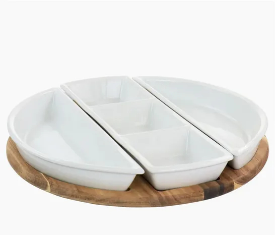 4 Piece Fine Ceramic Sectional Tray Set with Acacia Wood Base /Tray