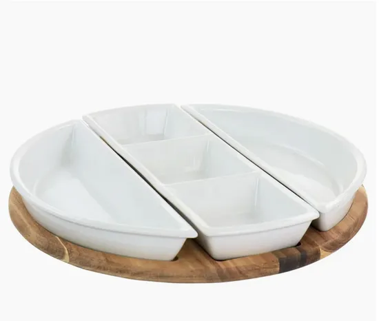 4 Piece Fine Ceramic Sectional Tray Set with Acacia Wood Base /Tray