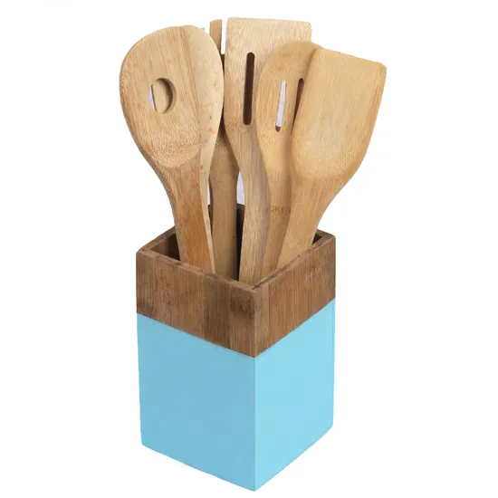Home Basics Colorful Bamboo Utensils Set of 7 with Holder