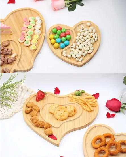Wholesale Heart Shaped Bamboo Serving Tray Dessert Plate Set for Home
