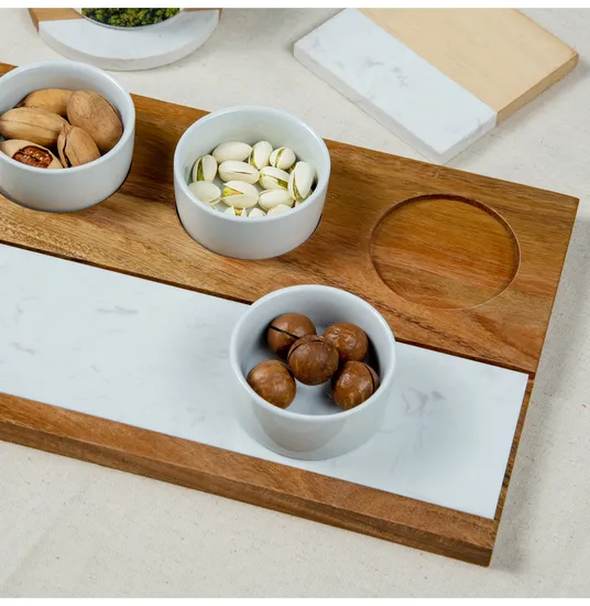 Acacia Wood Serving Board with Marble and 3 Ceramic DIP Cups