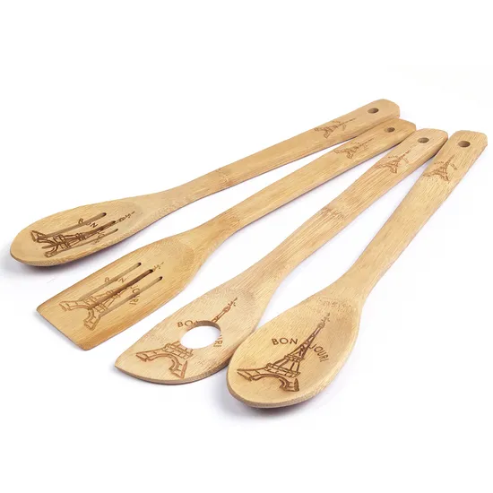 Custom Lasered Bamboo Slotted Spoon and Spatula for Kitchen