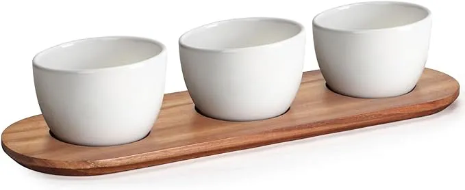 Chips and DIP Set Acacia Wood Serving Tray with 3 Round Ceramic Bowls