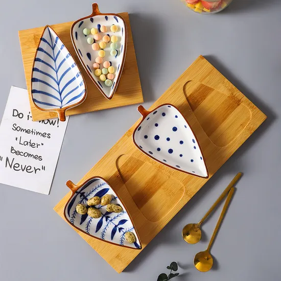 Bamboo Serving Platter with 2 Leaf Shape Ceramic Snack Plates