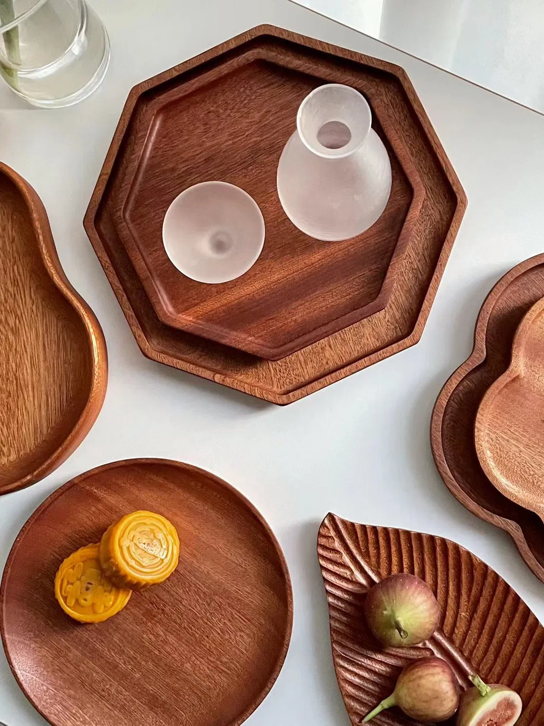Octagon Shape Ebony Wood Serving Tray Set for Kitchen