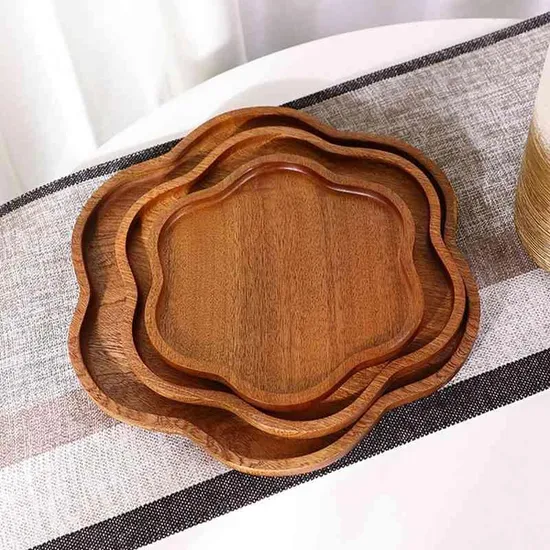 8 - Inch Petal - Shaped Ebony Wooden Dinner, Fruit, Bread, Dessert Plates Set