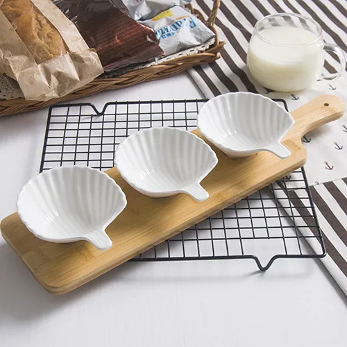 3-Piece Creative Ceramic Dish Plates with Bamboo Tray for Snacks/Nuts/Desserts