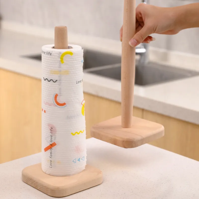 Beech Wood Suction Bathroom Toilet Paper Holder with Roll Paper Stand Organizer