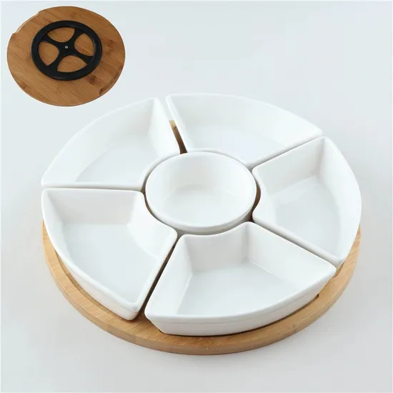 Rotating Ceramic Divided Serving Dish Bamboo Lazy Susan for Restaurant Fruit Appetizers