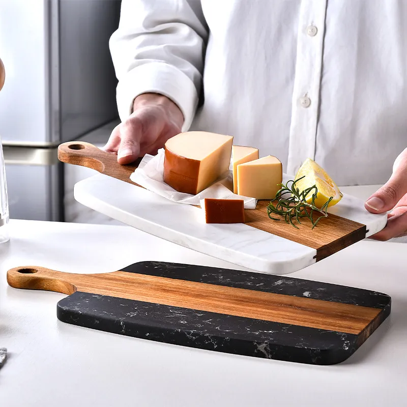 Wholesale Paddle Shape Marble Wooden Cheese Board Serving Board with Handle