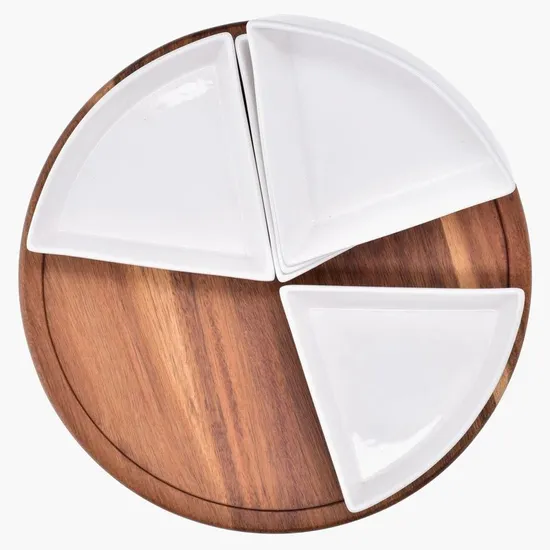Turntable Acacia Wood Lazy Susan Serving Tray for Table Top with Multiple Porcelain Dishes