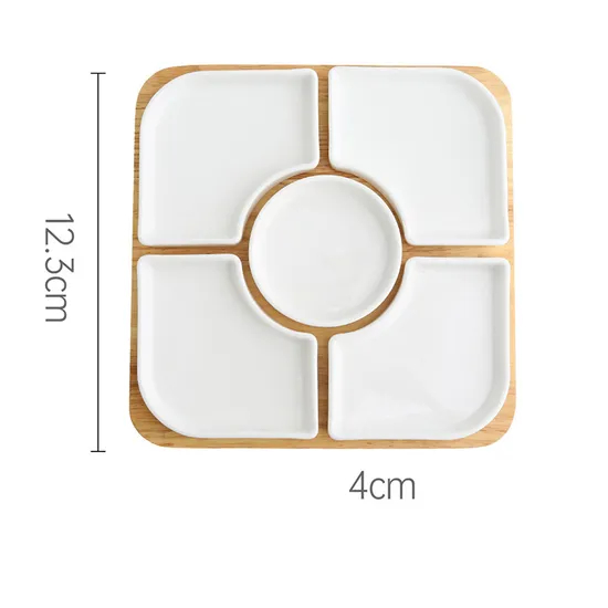 Microwave & Dishwasher Safe Divided Ceramic Dishes with Rotatable Bamboo Serving Base