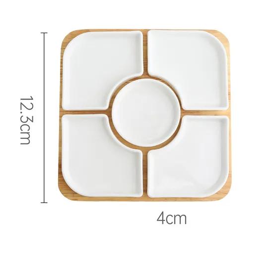 Microwave & Dishwasher Safe Divided Ceramic Dishes with Rotatable Bamboo Serving Base