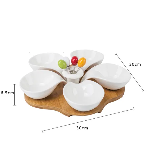 5-Grid Ceramic Salad Bowl & Sauce Dish with Bamboo Serving Tray for Afternoon Tea, Fruits, Desserts & Nuts