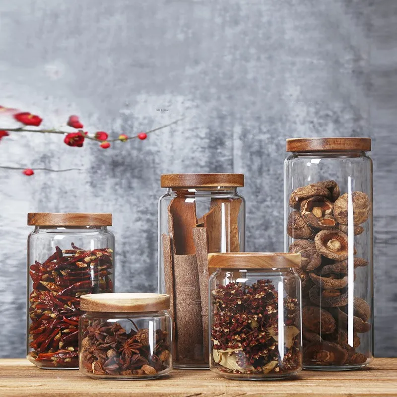 Glass Storage Jars with Wood Lid Food Storage Containers