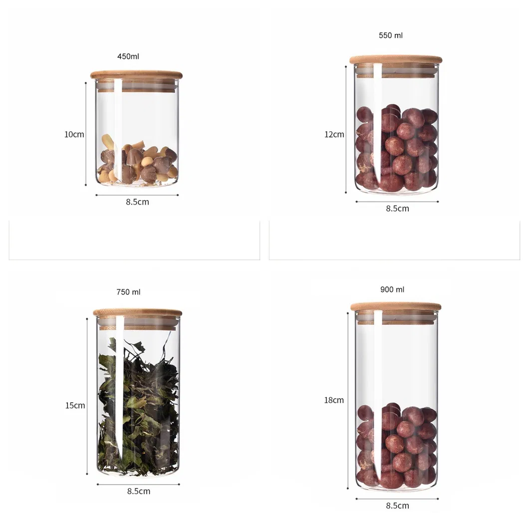 Round Large Size Borosilicate Glass Food Container Jar Canister Set with Airtight Bamboo Wood Lids