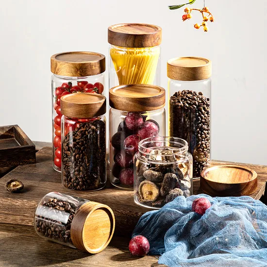 Different Size Glass Fruit Storage Jars with Acacia Wooden Screw Lids
