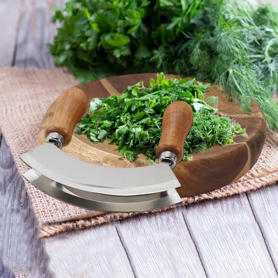 Round Wooden Cutting Board with Double-Blade Stainless Steel Mezzaluna Herb Chopper