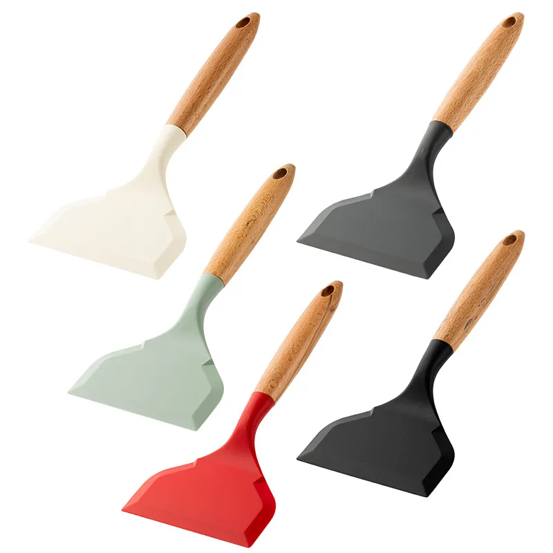 Beech Handle Non-Stick Wide Silicone Jade Burning and Frying Shovel for Kitchen