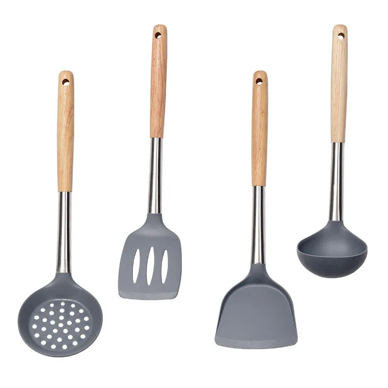Food Grade Heat Resistant Silicone Kitchen Utensils Frying Cooking Shovel with Wooden Handle