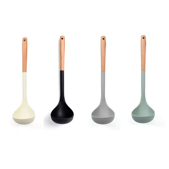 Hanging Non-Stick Silicone Spatula and Soup Ladle with Wooden Handle for Kitchen Cooking