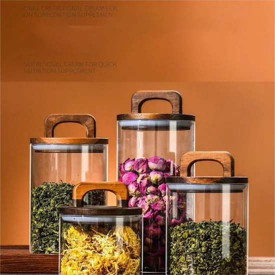 Functional Glass Food Containers Coffee Beans Storage Bottles with Acacia Wood Lid