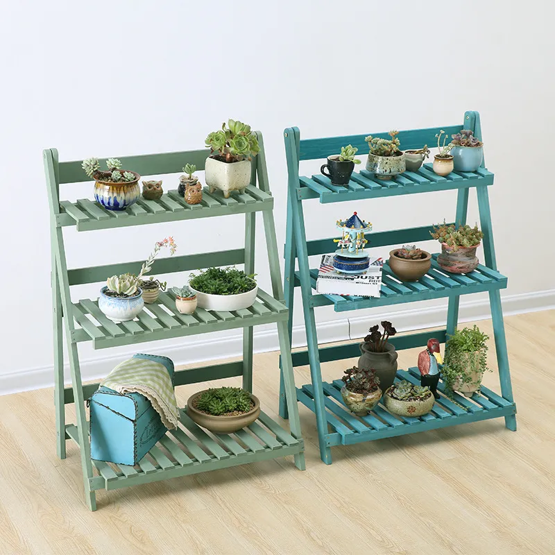 Foldable Solid Wood Flower Shelf with Four and Three Layers for Garden
