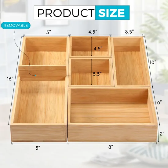 Compact 6-Pack Bamboo Storage Box Set for Bathroom, Office & Tea Storage & Cutlery & Drawer