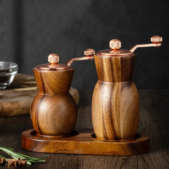 Hand-Cranked Acacia Wood Pepper and Salt Grinder Vase with Tray