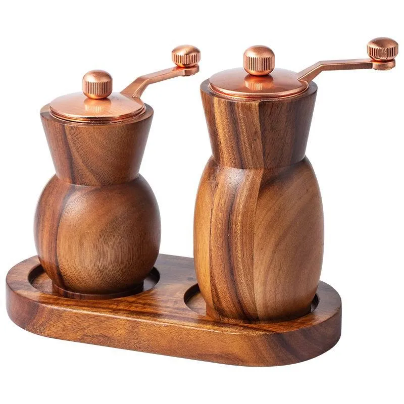 Hand-Cranked Acacia Wood Pepper and Salt Grinder Vase with Tray