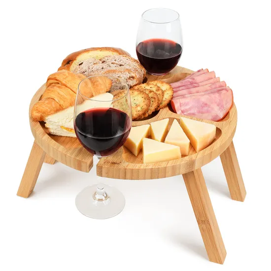 Portable and Foldable Round Bamboo Camping Table Snack Tray for Picnic