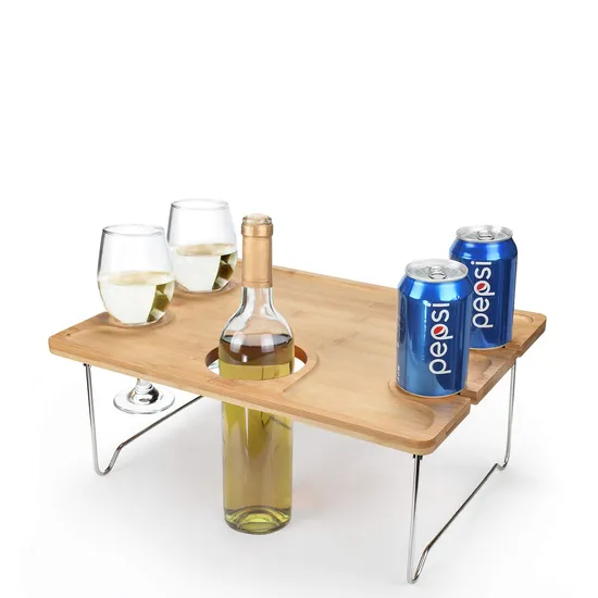 Foldable Lightweight Bamboo Wine Picnic Table Snack & Cheese Tray with 4 Wine Glasses Holder