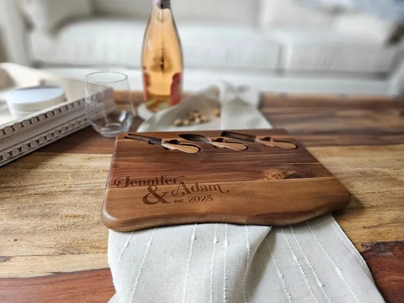 Live Edge Custom Engraved Wood Cutting Board Acacia Cheese Board with Knives Set