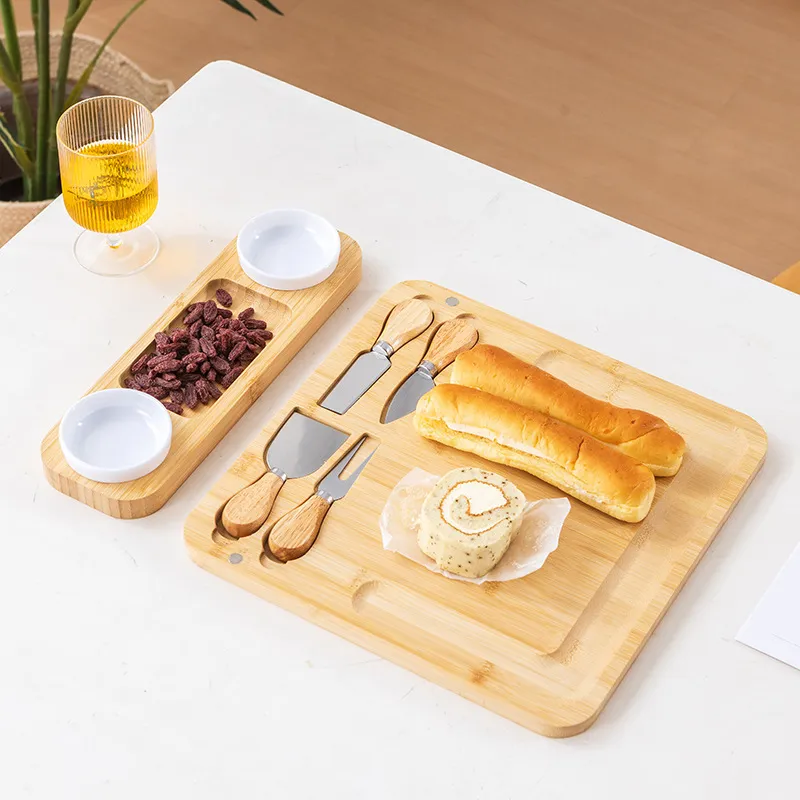 Promotion Cheap Bamboo Cutting Board Cheese Board with 2 Knives Set