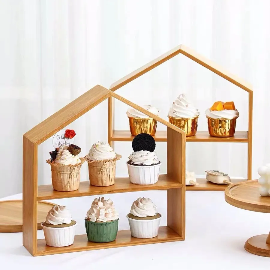 Manufacture House Shape 2 Tier Wood Cup Cake Stand Bamboo Cake Rack for Dessert