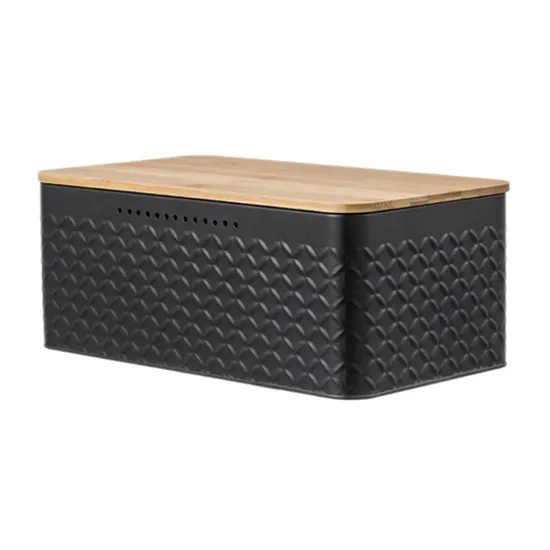 Rectangle Metal Bread Bin Bread Box Bread Holder Bread Storage Container with Wood Lid Grid