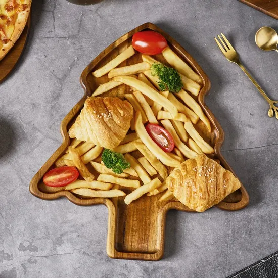 Festive Acacia Wood Christmas Tree Serving Tray for Picnics