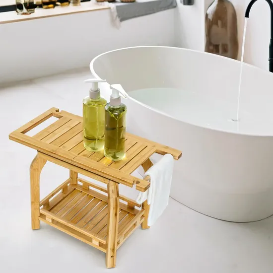 Two Layers Multifunctional Bamboo Bathroom Shower Stool Wooden Shoe-Changing Stool with Towel Hange