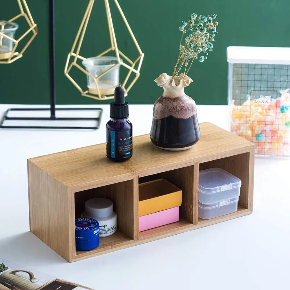 3-Compartment Bamboo Desk Organizer for Pens & Remotes