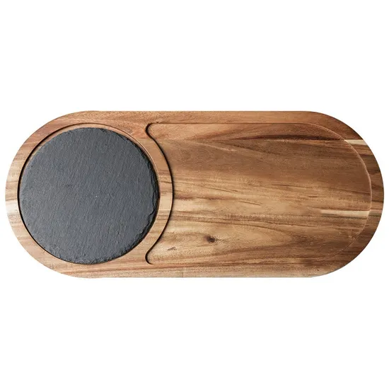 Oval Shape Acacia Wood Snack Plate Serving Tray with Slate Board
