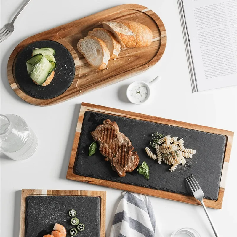 Custom Different Shape Acacia Wood and Steak Plate Slate Cheese Board