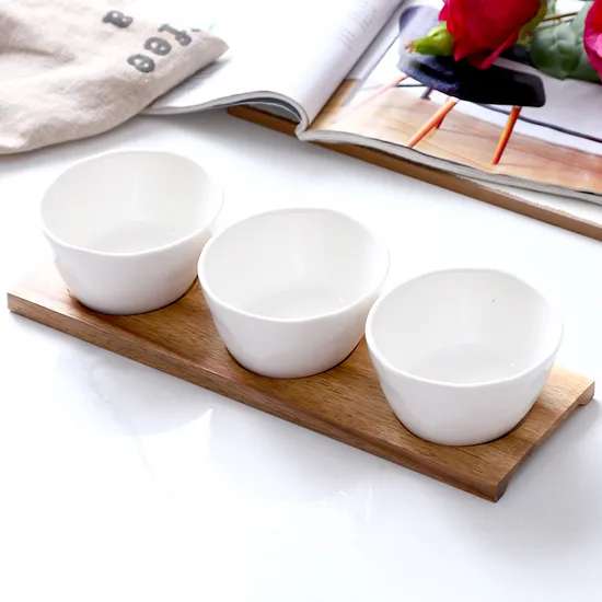 Stylish Ceramic Snack Serving Bowl Set with Wooden Tray for Fruit, Snacks & Desserts