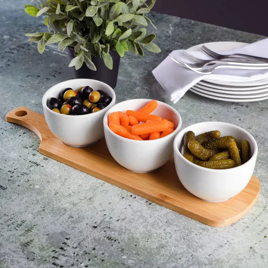 Elegant 3-Piece White Tidbit Bowl Set with Bamboo Serving Tray