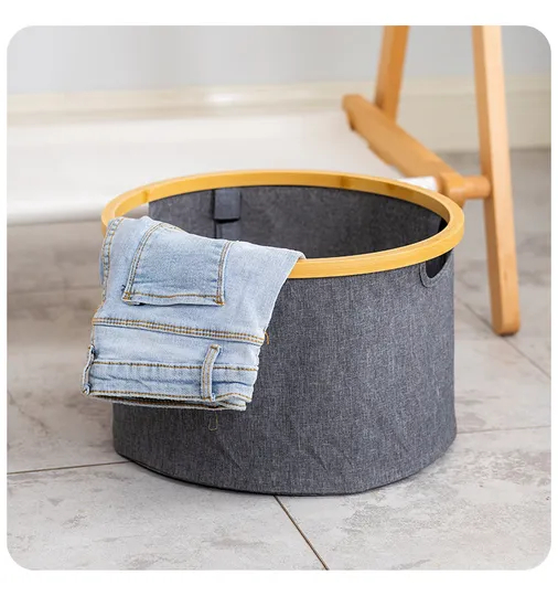 Round Foldable Bamboo Fabric Laundry Hamper Without Lid