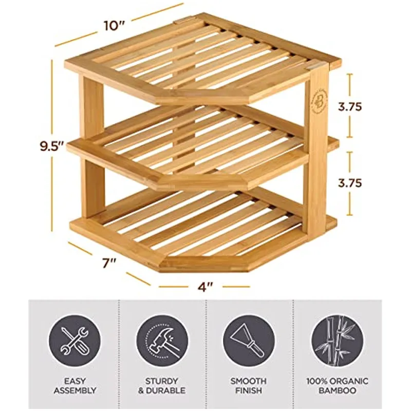 Bamboo Kitchen Corner Shelf Organizer Cabinet Corner Shelf with 3 Layers for Plates/Dishes/Bowls